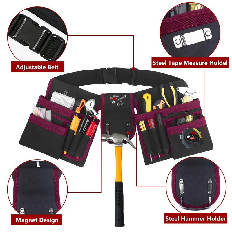 Tool Belt With Suspenders, 24 Pockets Tool Bag with Magnetic Wristband, Detachable Tool Pouch Bag, Adjustable Waists for Men Electrician Carpenter Construction (Red) TBS01-Red