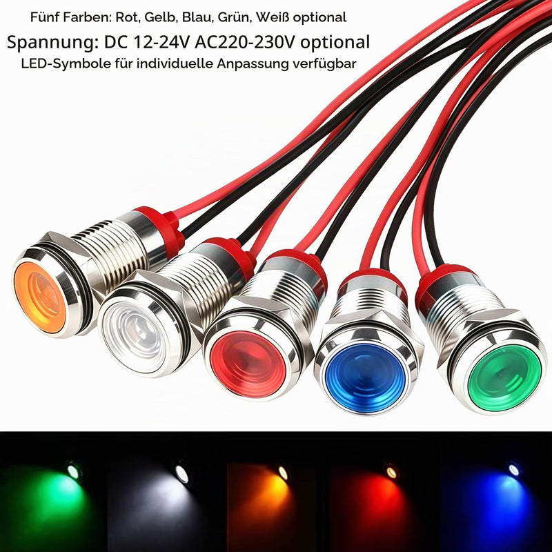 Joycabin 10pcs 10mm LED Indicator Lights AC/DC 12-24V Metal | Waterproof 10 mm LED indicator lights with 15 cm cable, suitable for car, motorcycle, boat, van and DIY projects (5 colors) Red/Green/Yellow/White/Blue