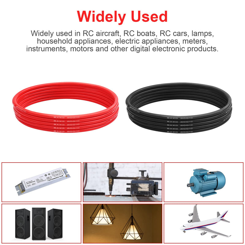 8 AWG Gauge Silicone Wire Electrical Cable?10ft red &10ft Black? Soft & Flexible 0.08 mm Tinned Copper core High Temperature Resistant Silicone Wire for Arduino Projects, RC Cars, Boat, Drones etc. 8 AWG 10ft Red+10ft Black