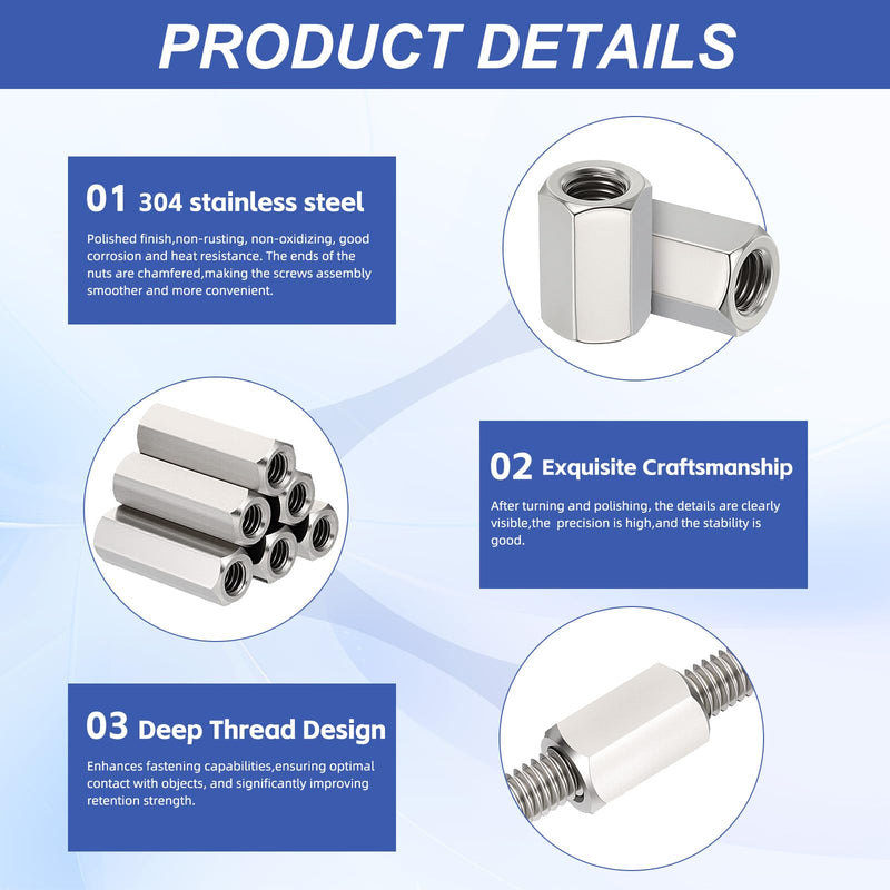 [Australia - AusPower] - Hex Coupling Nuts, M8 x 1.25-Pitch UNC 30mm/1.18" Length, 4 Pack 304 Stainless Steel Rod Coupling Nut for Threaded Rods & Studs M8-1.25 x 30mm 