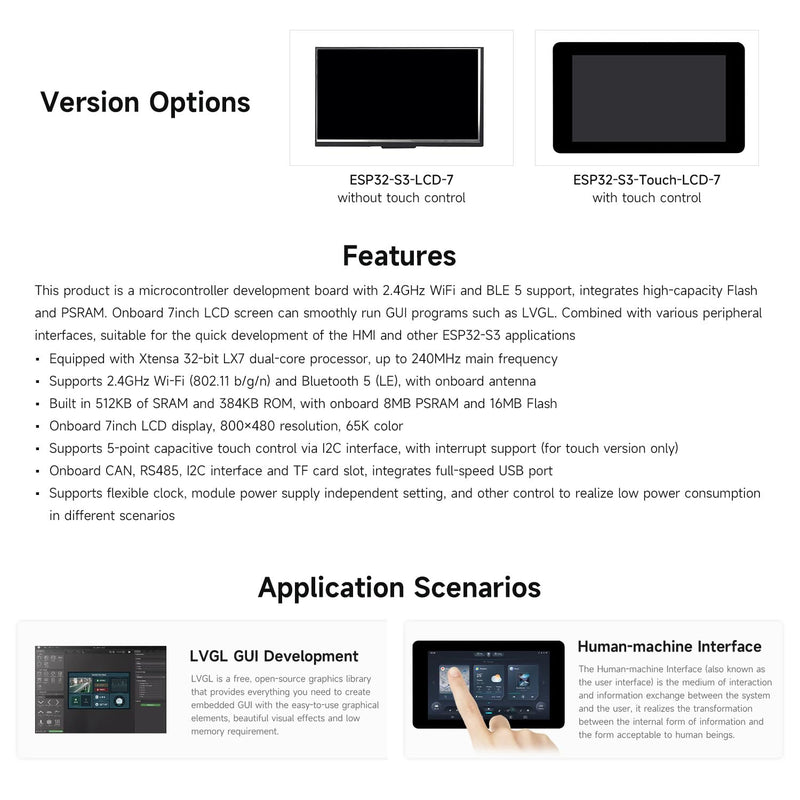 Waveshare ESP32-S3 7 Inch Touchscreen Development Board, ESP32 with Display | 32-Bit LX7 Dual-Core Processor, 800x480, Up To 240MHz Frequency, Supports WiFi & BT, With Onboard Antenna