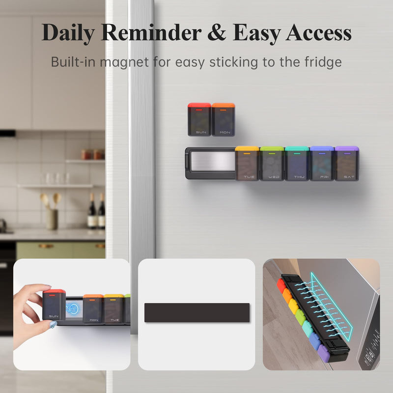 [Australia - AusPower] - Weekly Pill Organizer Magnetic, Removable Pill Box 7 Day 1 Time a Day, Large Pill Case Travel, Week Once Daily Medication Dispenser, Medicine Container Holder for Supplement Vitamin, Black 