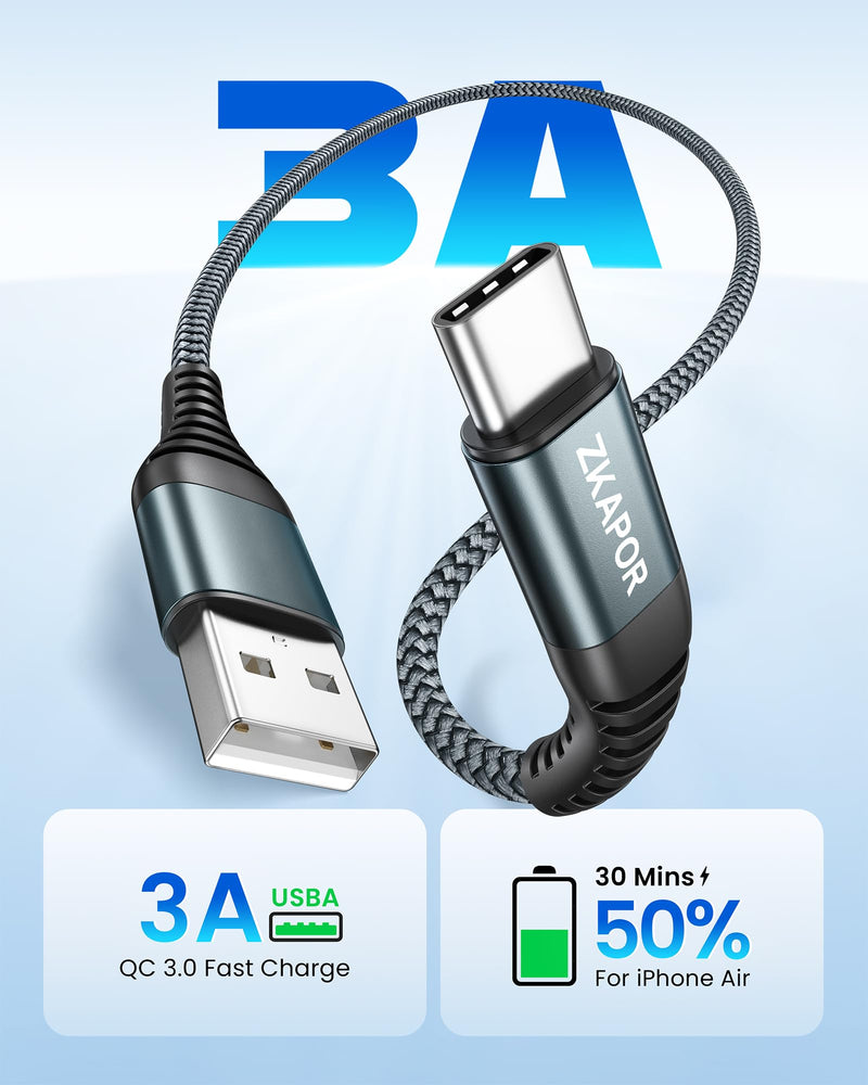 ZKAPOR USB C Cable Short 30 cm, Fast Charging Cable 3A Fast Charging Type C Cable | USB A auf USB C Kabel Kurz Nylon Ladekabel USB C Schnellladekabel Mit iPhone 17/16/15 Pro Max, Galaxy, Note, Huawei, Pixel gray 0.3 m