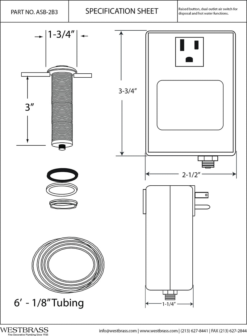 Westbrass ASB-26 Disposal Air Switch and Single Outlet Control Box, Polished Chrome 1 Pack
