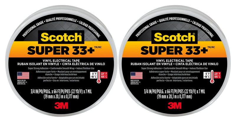 Scotch Super 33+ Vinyl Electrical Tape - Professional-Grade, All-Weather, Flame-Resistant - Black - 3/4 Inch x 66-Foot (2 Pack)