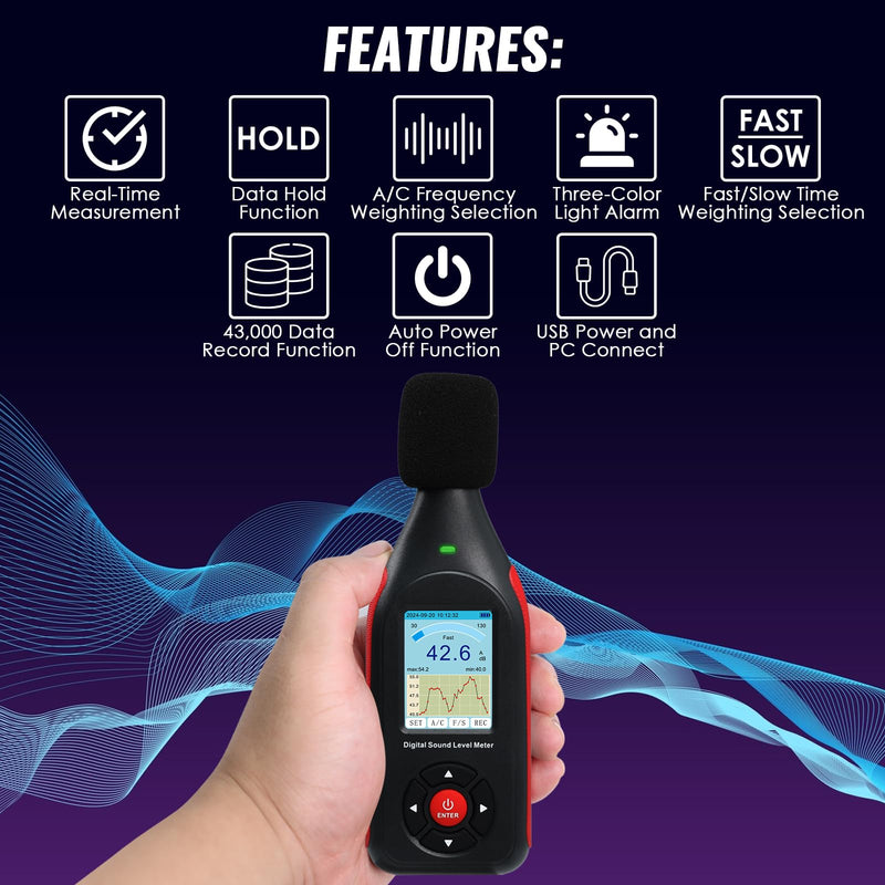 [Australia - AusPower] - Decibel Meter, Digital Sound Level Meter with Data Logging, 3-Color Alarm, A/C Weighted, HD Screen, 30-130dB Range, Rechargeable SPL Meter for Home, Classroom, Office, Factory 