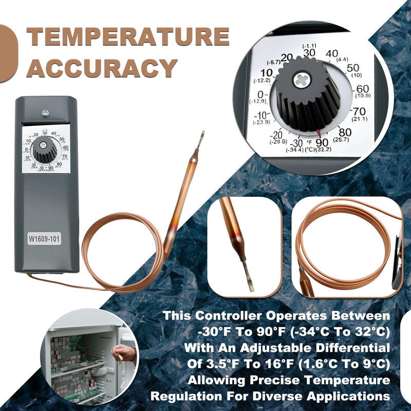 [Australia - AusPower] - W1609-101 Refrigeration Thermostat Temperature Controller with Remote Bulb & 5 Ft Capillary – TH-1609 Model, Temperature Range: -30°F to 90°F (-34°C to 32°C) 
