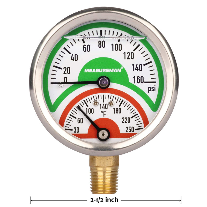 [Australia - AusPower] - MEASUREMAN Tridicator, Thermo-Manometer, 2-1/2", Silicone Oil Filled, 0-160psi/30-250 deg F, Stainless Steel Case, 1/4"NPT Lower Mount Pressure Gauge Lower Mount-Liquid Filled 
