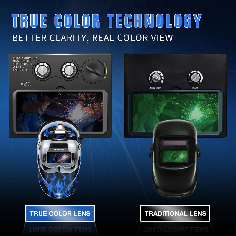 TRQWH Auto Darkening Welding Helmet with Light True Color Welding Hood | Extra Grind Mode, Solar Powered Welding Mask, 1/1/1/2 Optical Clarity, 1/25000s Fast Switching, for Stick MIG TIG Cut Blue