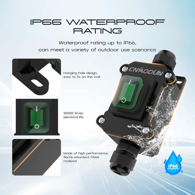 [Australia - AusPower] - Waterproof Inline Cord Switch, CNAODUN 12V DC 20A On Off Toggle Switch with Green Light Rocker Button DPST Double Outlet Outdoor IP66 DC 12-24V A-Green 