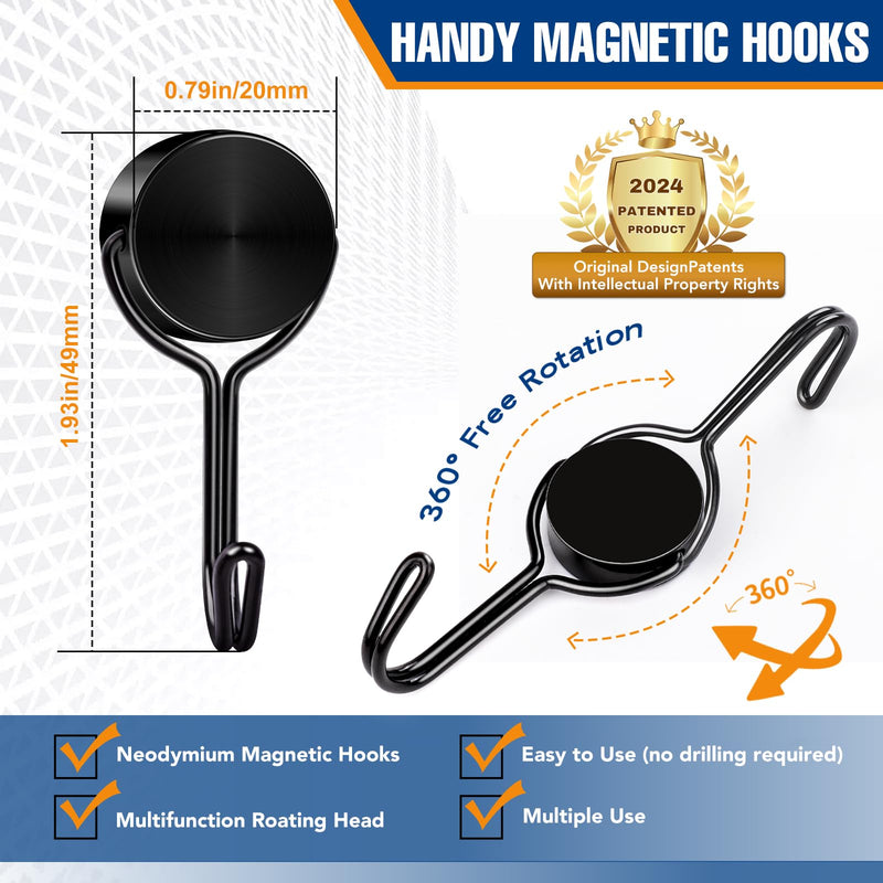 [Australia - AusPower] - TRYMAG Strong Magnetic Hooks, 40LBS Black Neodymium Swivel Magnet Hooks for Hanging, Storage, 6 Pack Heavy Duty Magnetic Hooks for Cruise Cabins, Magnetic Metal Hanger for Refrigerator, Grill, Locker Black-40LBS-6Pcs 