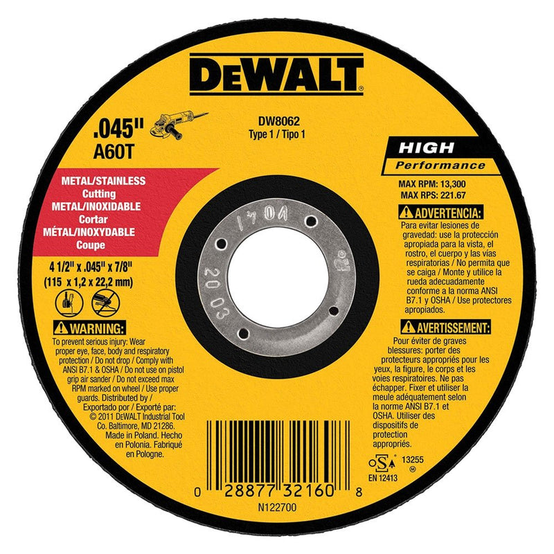[Australia - AusPower] - DeWalt DW8062 4-1/2"x.045"x7/8" Metal Angle Grinder Thin Cutoff Wheel, 10 Pack 