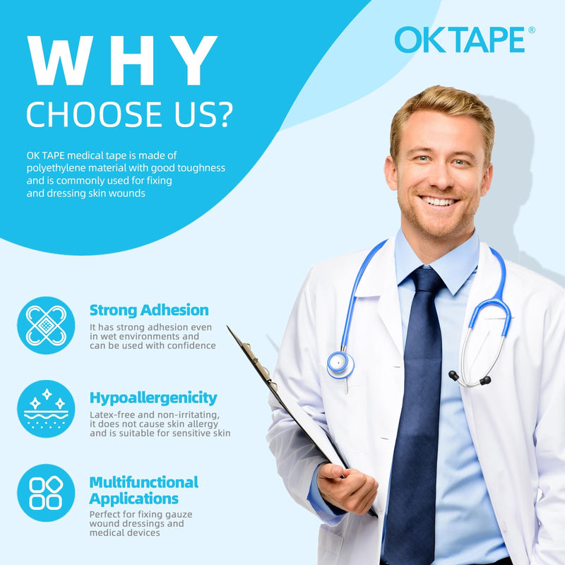 [Australia - AusPower] - OK TAPE OKPore Transparent Medical Tape (Pack of 12) - First Aid Surgical Tape Hypoallergenic and Breathable for Wound Dressing Care, Latex Free, 1in x 10yds 1x360 Inch (Pack of 12) 