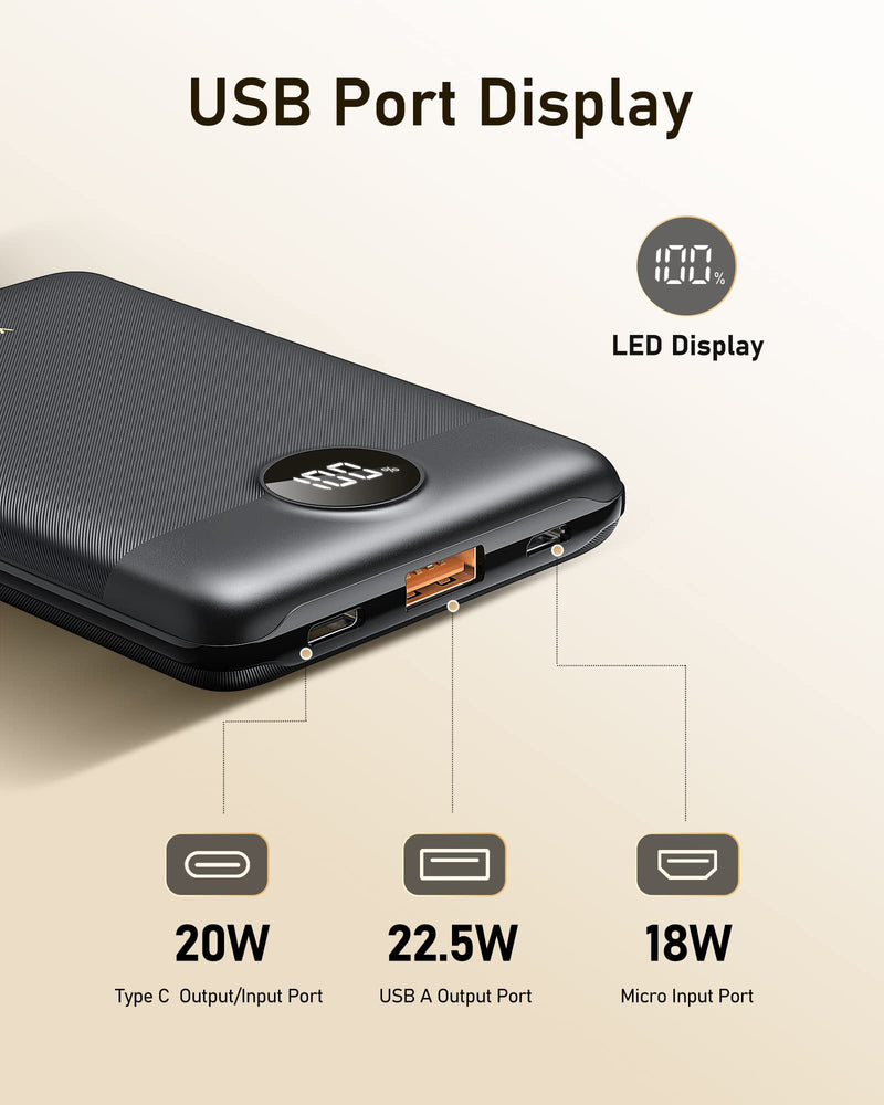 [Australia - AusPower] - VEEKTOMX Mini Power Bank 10000mAh, 22.5W Fast Charging Small Portable Charger with PD 3.0 & QC 3.0,USB C Slim Lightweight iPhone Charger, Dual Output Compatible with iPhone, Samsung,Travel Must Haves Black 