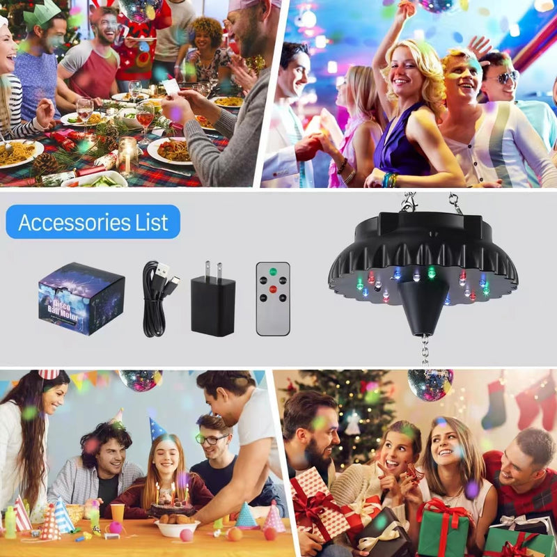 [Australia - AusPower] - Disco Ball Motor Rotating with Light: Rechargeable Disco Ball Spinner with Remote Adjustable Speed - 18 RGBW LED Light for Wedding Party Decor 