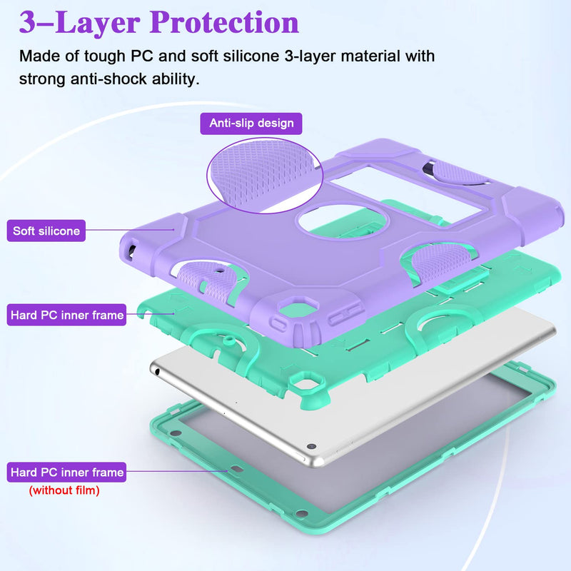 [Australia - AusPower] - for iPad 9th Generation Case, iPad 8th 7th Generation Case, iPad 10.2 Inch 2021/2020/2019 Case, Heavy Duty Rugged Shockproof Protective Cover with Kickstand for Kids Purple/Green 
