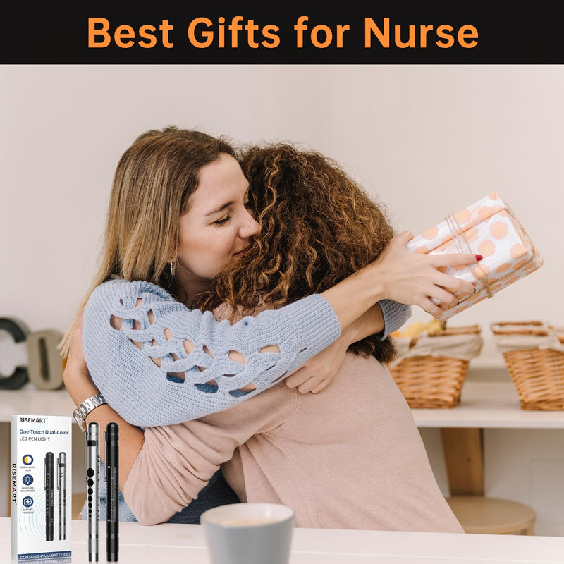 [Australia - AusPower] - RISEMART 2 Pack Pen Light for Nurse, Medical Penlight with One-Button Switch for White & Warm Light, Pupil Gauge & 5cm Ruler, Pocket Clip, Durable LED Penlights for Nursing, Doctors, Students 