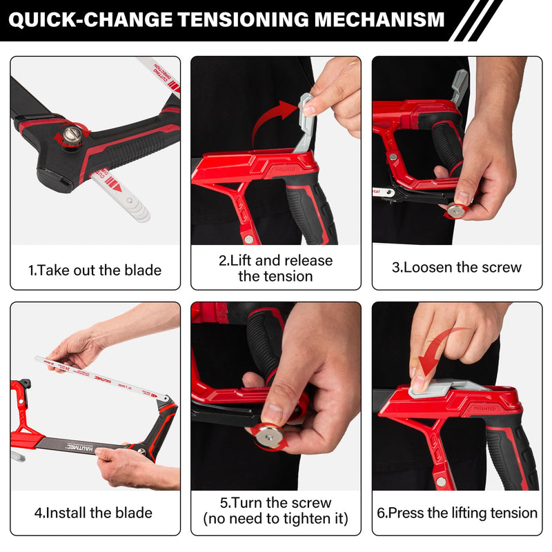 HAUTMEC 12" Fast High-Tension Hacksaw, Expert Metal Saw with 6 Bi-Metal Blades, Heavyweight Aluminum Frame, Ergonomic Non-Slip Handle, Blade Storage & Dual Cutting Angles (HTHSH25034) Expert Hacksaw