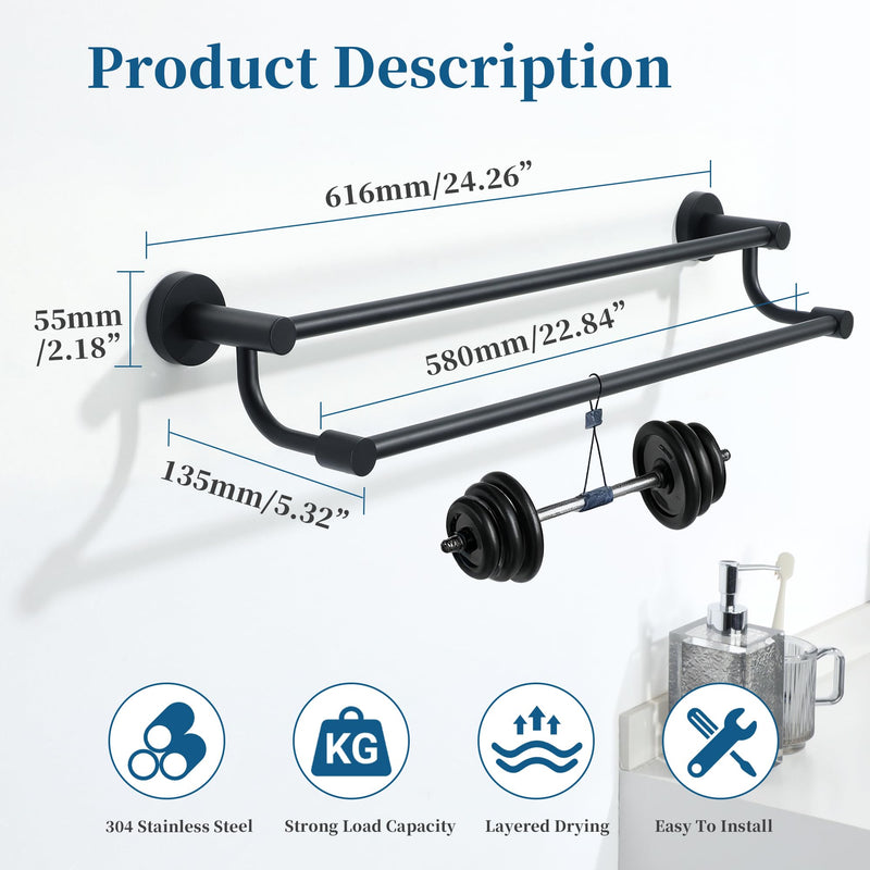 Alise Double Towel Bars,24 Inch Towel Rack for Bathroom, Wall Mount Towel Holder, Quick Drying Towel Hanger SUS304 Stainless Steel Towel Rail, Matte Black, GOY4600-B 24 inch