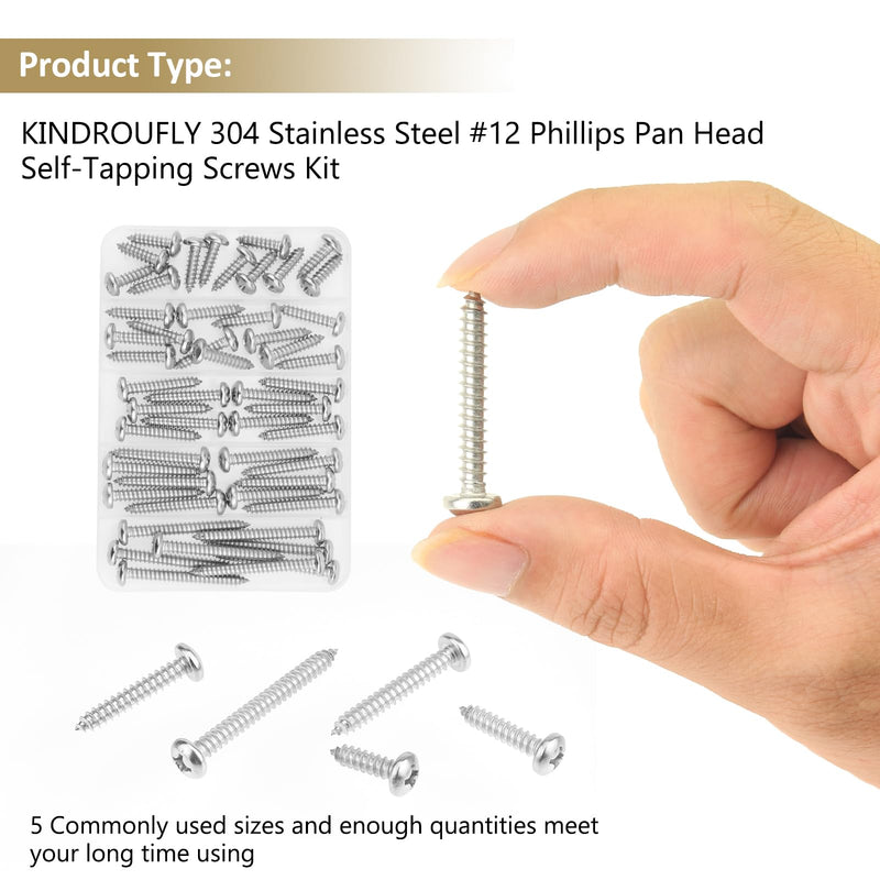 [Australia - AusPower] - 52 Pieces #12 x 3/4" 1" 1-1/4" 1-1/2" 2" Phillips Pan Head Self-Tapping Screws, Wood Screws Assortment Kit, 304 Stainless Steel 
