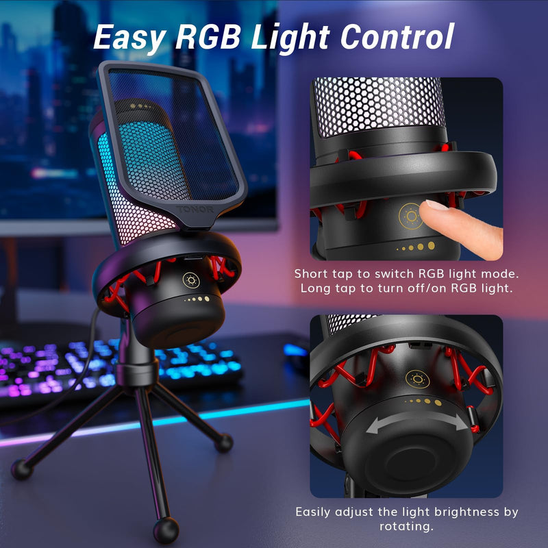 [Australia - AusPower] - TONOR Gaming Mic, USB Microphone for PC Computer, Cardioid Condenser Mic with Adjustable RGB Modes & Brightness, Quick Mute, Gain Control, for Streaming, Podcasting, Recording, PS4/5 Desktop Mic TC310 