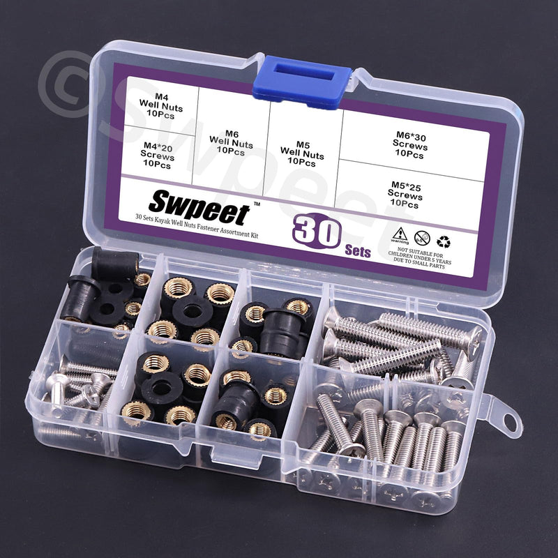 [Australia - AusPower] - Swpeet 60Pcs 3 Sizes M4 M5 M6 Neoprene Well Nut with M4 x 20mm M5 x 25mm M6 x 30mm Stainless Steel Pozi Screws Brass Copper Bolts Well Nut Kit Compatible with Kayak Paddles Clips 