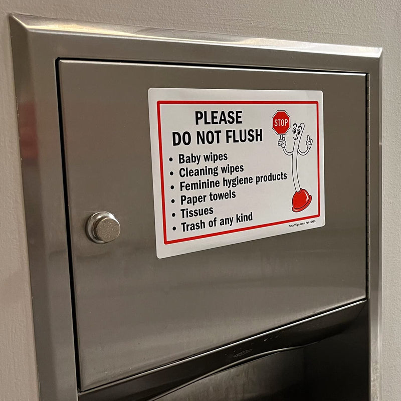 [Australia - AusPower] - SmartSign 5 x7" Funny Please - Do Not Flush Wipes, Feminine Products, Paper Towels, Tissues, Trash Sticker Labels Pack of 4, 5 mil Laminated Polyester with SuperStick Adhesive, Red Black White 5" x 7" - SuperStick Label 