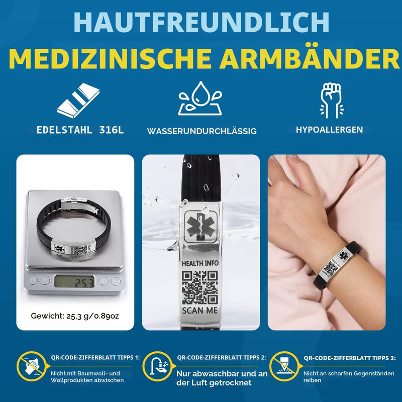 Medical Wristband with QR Code Emergency ID Silicone Waterproof Fits up to 9" Wrist Emergency Alert More Space for Sports Boys Girls Women Men 9" Butterfly Clasp - plus Black + Silver