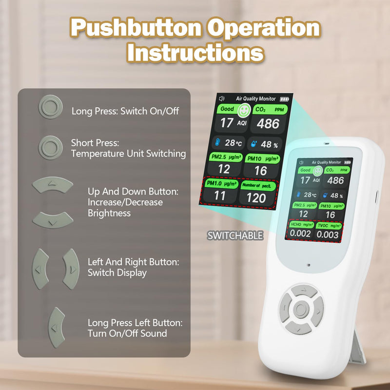 [Australia - AusPower] - 11-in-1 Air Quality Monitor - Portable Indoor Air Quality Detector with Stand, Real-Time Test for AQI, CO2, PM2.5, PM1.0, PM10, TVOC, HCHO, Particles, Temperature & Humidity with Aler (White-Black) White-Black 