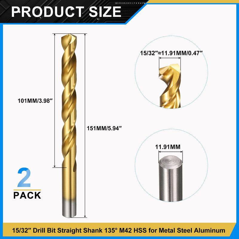 PATIKIL 15/32" Drill Bit, M42 8% Cobalt High-Speed Steel Jobber Straight Shank 135° Titanium Nitride (TiN) Coated for Hard Metal Stainless Steel - 2 Pack 15/32"