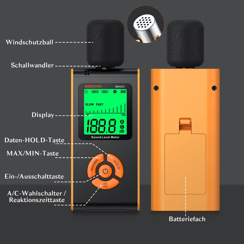 Sound Level Meter, Decibel Meter 30 dB to 130 dB, A/C Weighted Portable Noise Meter for Home Factories, with LCD Display, 3 Colors, MAX/MIN/HOLD, Fast/Slow Response Sound Pressure Meter