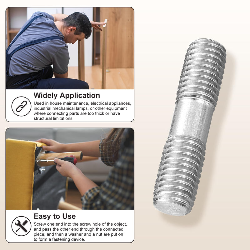[Australia - AusPower] - METALLIXITY Double End Threaded Stud Screw(M10 x 200mm) 2Pcs, Equal Thread Length Rods & Studs 304 Stainless Steel - for House Maintenance Craft Loom, Silver Tone M10 x 200mm 2 