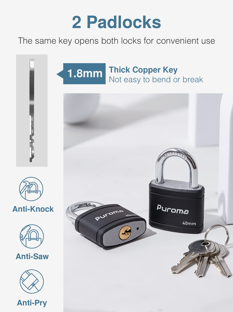 [Australia - AusPower] - Puroma 2 Pack Keyed Padlock with 3 Keys, 1.1 Inch Locker Lock 40mm Heavy-Duty Locks for Gate Fence Hasp Cabinet Toolbox School Gym Locker (Black) Black 