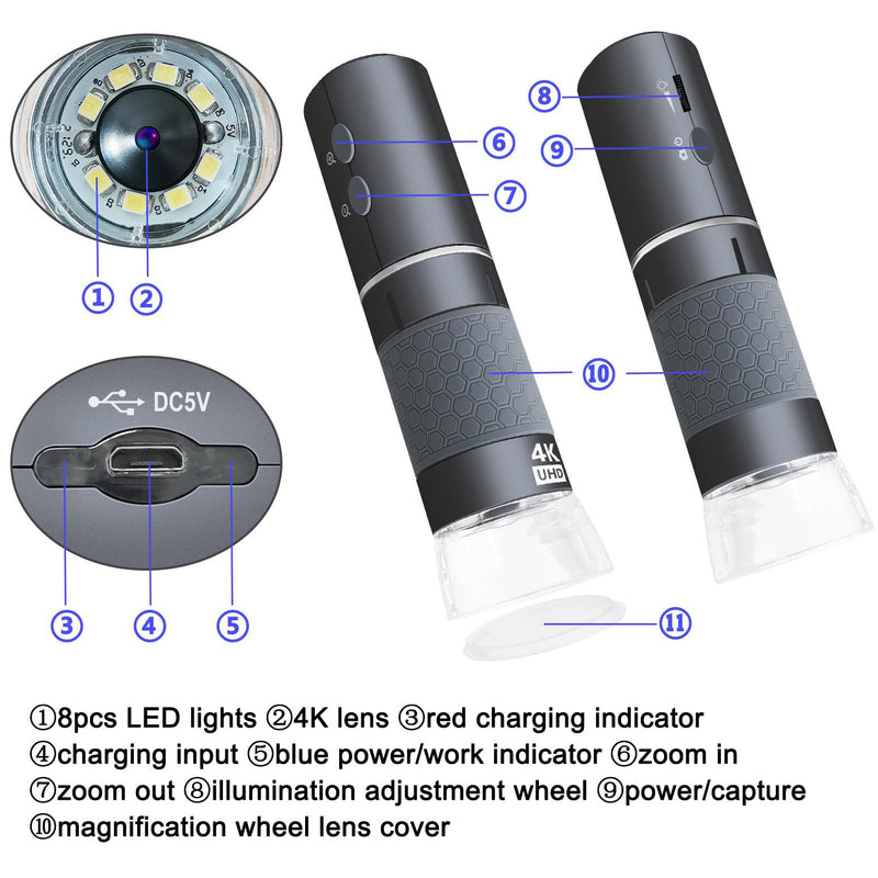 [Australia - AusPower] - WiFi USB Digital Handheld Microscope, 50 to 1000x Wireless Magnification Endoscope 4K 3840x2160P Camera 8 LEDs with Metal Stand for iPhone iPad Android Mac Windows Linux Chrome Grey 