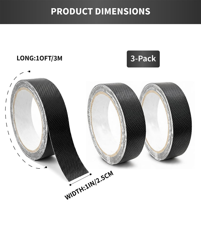 3-Pack Black Rubber Grip Tape for Handles (1" x 10 Ft), Industrial Diamond Textured Anti Slip Tape, Waterproof Non-Abrasive Material for Contact Surfaces