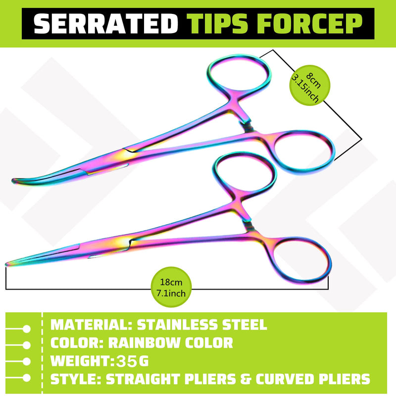 [Australia - AusPower] - BBTO 2 Pieces Rainbow Hemostat Curved and Straight Hemostat Forceps Piercing Pliers Forceps, 7.1 Inch Stainless Steel Straight and Curved Pliers, Fishing Tweezer Hemostats 