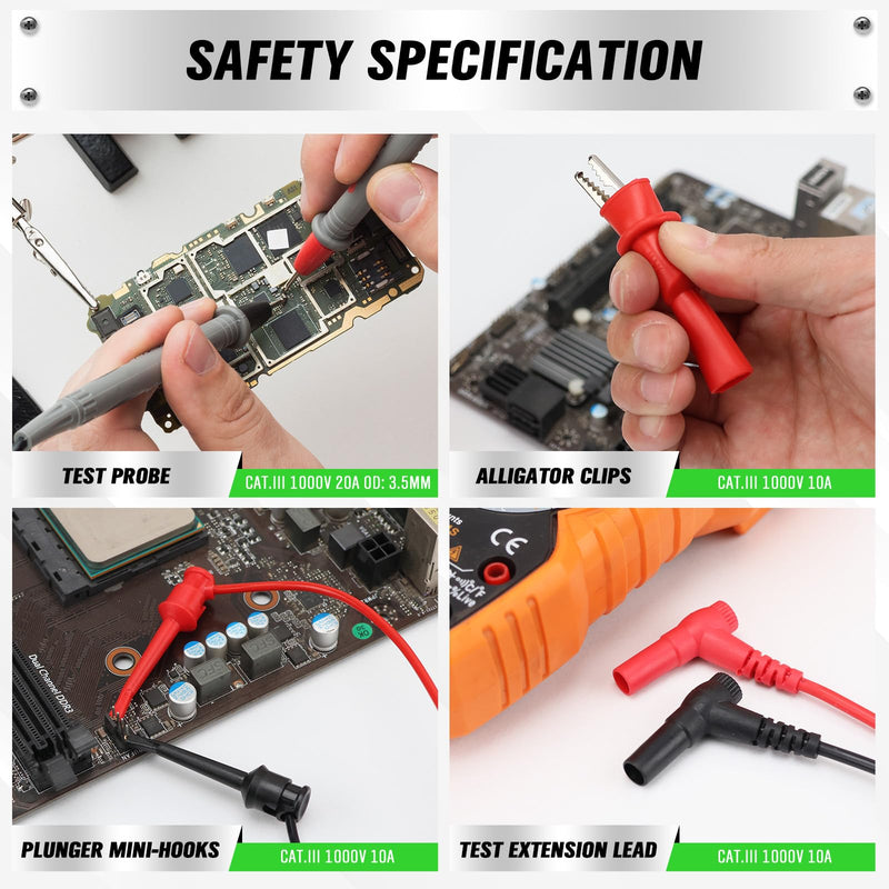 [Australia - AusPower] - SWANLAKE 11-Piece Multimeter Test Leads Set, CAT III 1000V 20A Multimeter Probes with Alligator Clips, Needle Probe, Banana Plug to Hook Clip, Soft Silicone Volt Meter Lead 