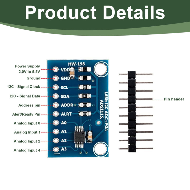 ADS1115 Module I2C, ADC Module 16 Bit 4 Channels, High Precision Analogue Digital Converter, Differential or Single Inputs, for Raspberry Pi, Microcontroller Projects, Measurement and Data Acquisition