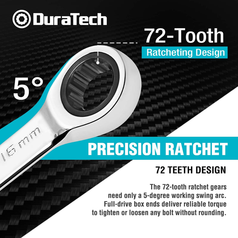 DURATECH Double Box End Ratcheting Wrench Set, Metric, 6-Piece, 8-19mm, CR-V Steel, with Rolling Pouch 6-Piece Wrench Set, Metric, with Rolling Pouch