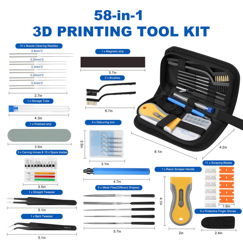 3D Printer Tools Kit, 58PCS 3D Printer Accessories & 3D Printing Tool Kit with Nozzle Cleaning Kit, Deburring Tool, Scraper, Files, Carving Knife, Tweezers – 3D Print Tools for FDM/SLA Printers 58pcs 3D Printing Tool Kit with Deburring Tool