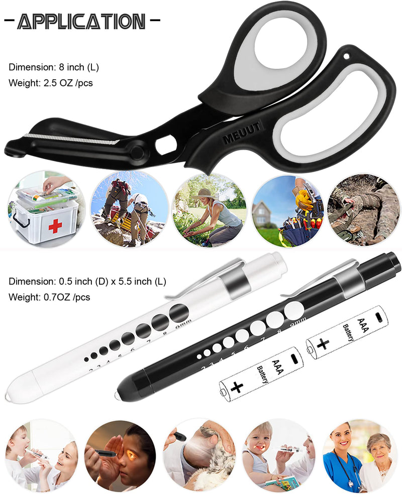[Australia - AusPower] - MEUUT 3 Pack Penlight & Medical Scissors- One 8 Inches Patented Trauma Shears Two LED Pen light with Four Batteries - Bandage Scissor for- Nurse, First Aid, EMT, Doctor Black Shear+white&black Penlights 