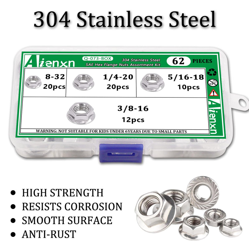 304 Stainless Steel Hex Flange Nuts Assortment Kit, 4 SAE Sizes 62PCS, 8-32, 1/4-20, 5/16-18, 3/8-16 Q-073-BOX