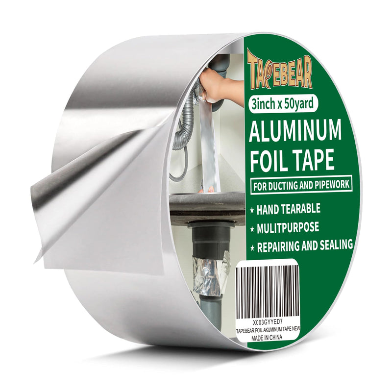 TAPEBEAR Aluminum Foil Tape, Aluminum Air Duct Tape, Withstand 80°C to 100°C, Heat Resistant Tape Insulation Tape for HVAC, Sealing & Patching, Metal Repair, 3inch x 50yard 1