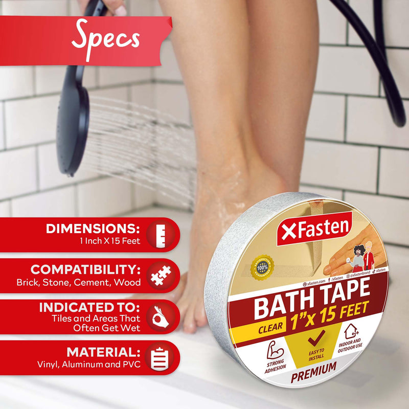 [Australia - AusPower] - XFasten Clear Anti Slip Tape for Bathtubs, 1-Inch x 15-Foot Non Skid Grip Tape for Tubs and Showers, Waterproof Traction Tape, Stair Grips Non Slip 