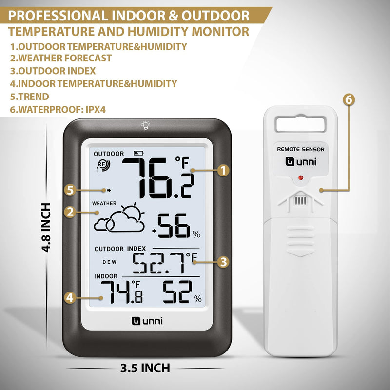 Indoor Outdoor Thermometer Wireless Weather Station, Temperature Humidity Monitor Battery Powered Inside Outside Thermometers with 330ft Range Remote Sensor and Backlight Display（Metal Black） Metal Black