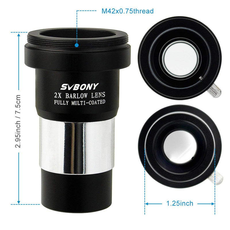 [Australia - AusPower] - SVBONY Barlow Lens 2X, 1.25 inch Barlow Lens with Multi Coated Broadband Green Film, Telescope Accessories with M42 Thread for Telescope Eyepiece 