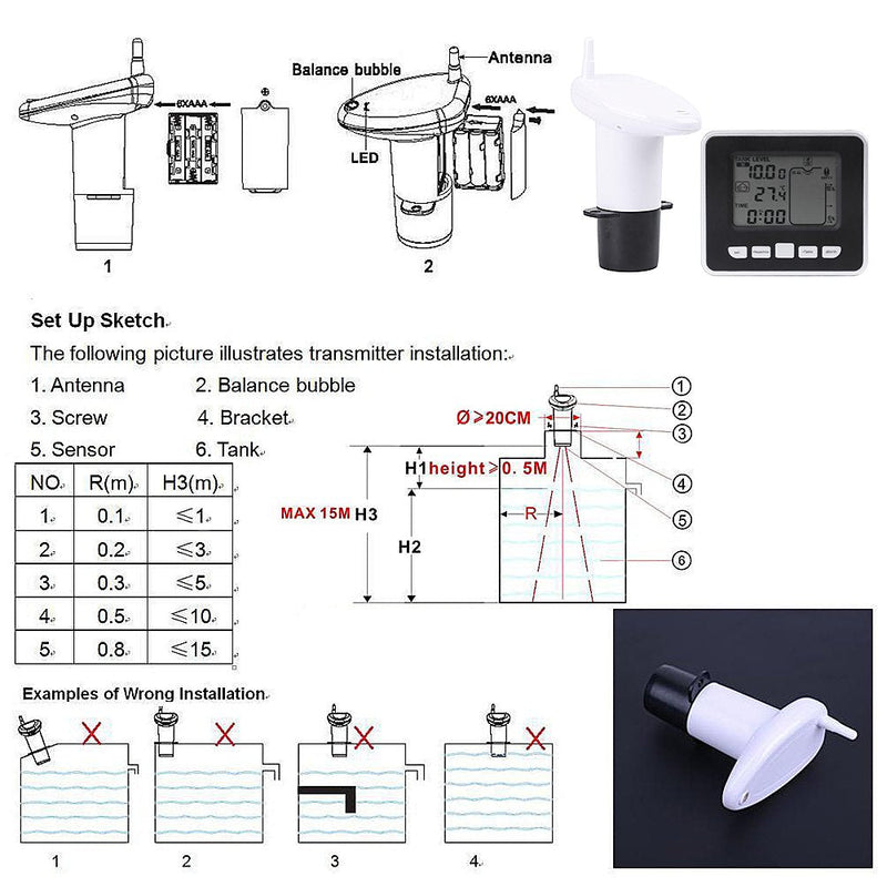 [Australia - AusPower] - Mugast Ultrasonic Level Sensor Water Liquid Level Sensor Transmitter with LCD Temperature Display Supports Liquid Level High/Low Alarm 