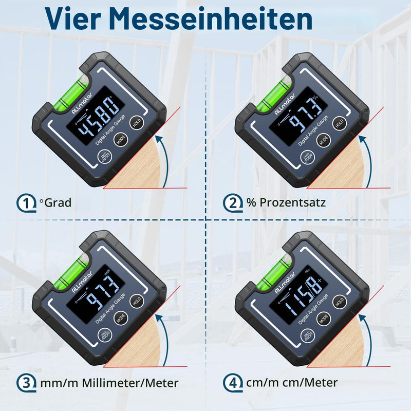 Digital Protractor with Magnetic Base and Level, 4 x 90° Digital Inclinometer, LCD Display with Backlight, Resolution 0.05°, Protractor for Woodwork, Sawing, Assembly Blue