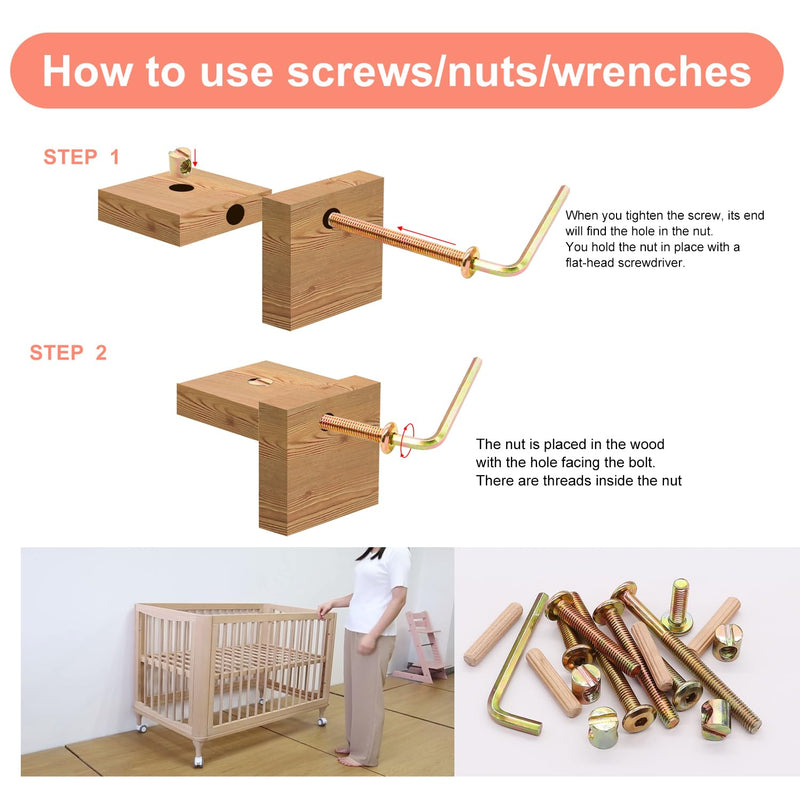 [Australia - AusPower] - weideer 26 Set Crib Screws Hardware Replacement Kit Baby Bed Frame Bolts M6x20/40/50/60/70/80mm Barrel Nuts Wooden Dowel Pins Hex Drive Socket Cap Screws Kit for Beds Chairs Furniture Bronze 