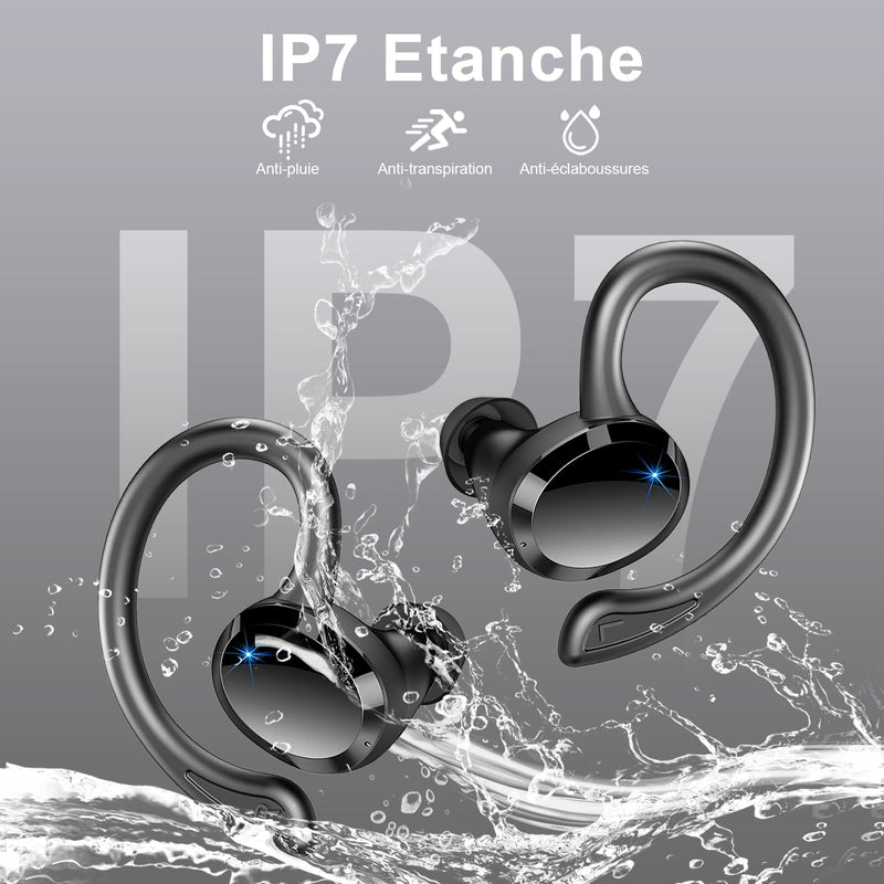 [Australia - AusPower] - Wireless Earbuds Bluetooth Headphone Sport, 2024 Bluetooth 5.3 Earbud 14.2mm Driver Stereo Over Ear Buds, 48Hrs Earphone with Earhook, Noise Cancelling Mic, IP7 Waterproof Headset for Workout/Running 800 mAh Black 